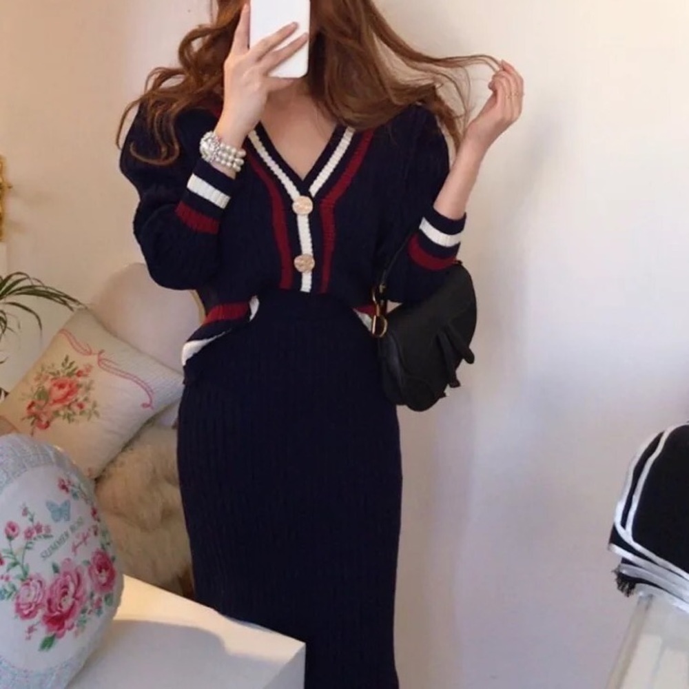 Cardigan sweater skirt 2 PCS SET navy blue stripe button womens top bottom